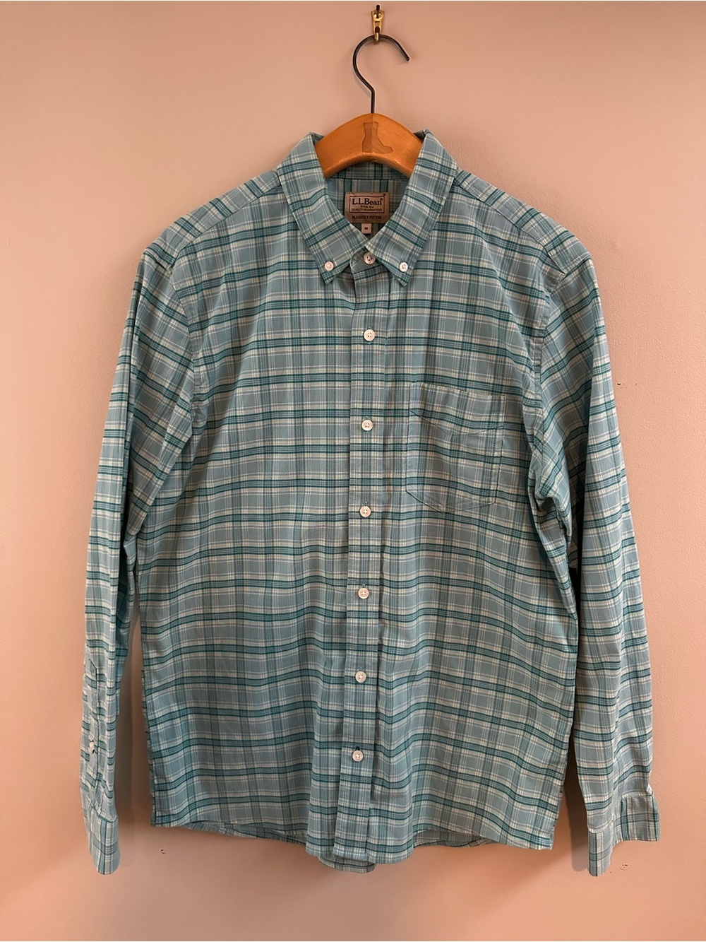 L.L. Bean Men's Teal and White Plaid Button-Down Shirt